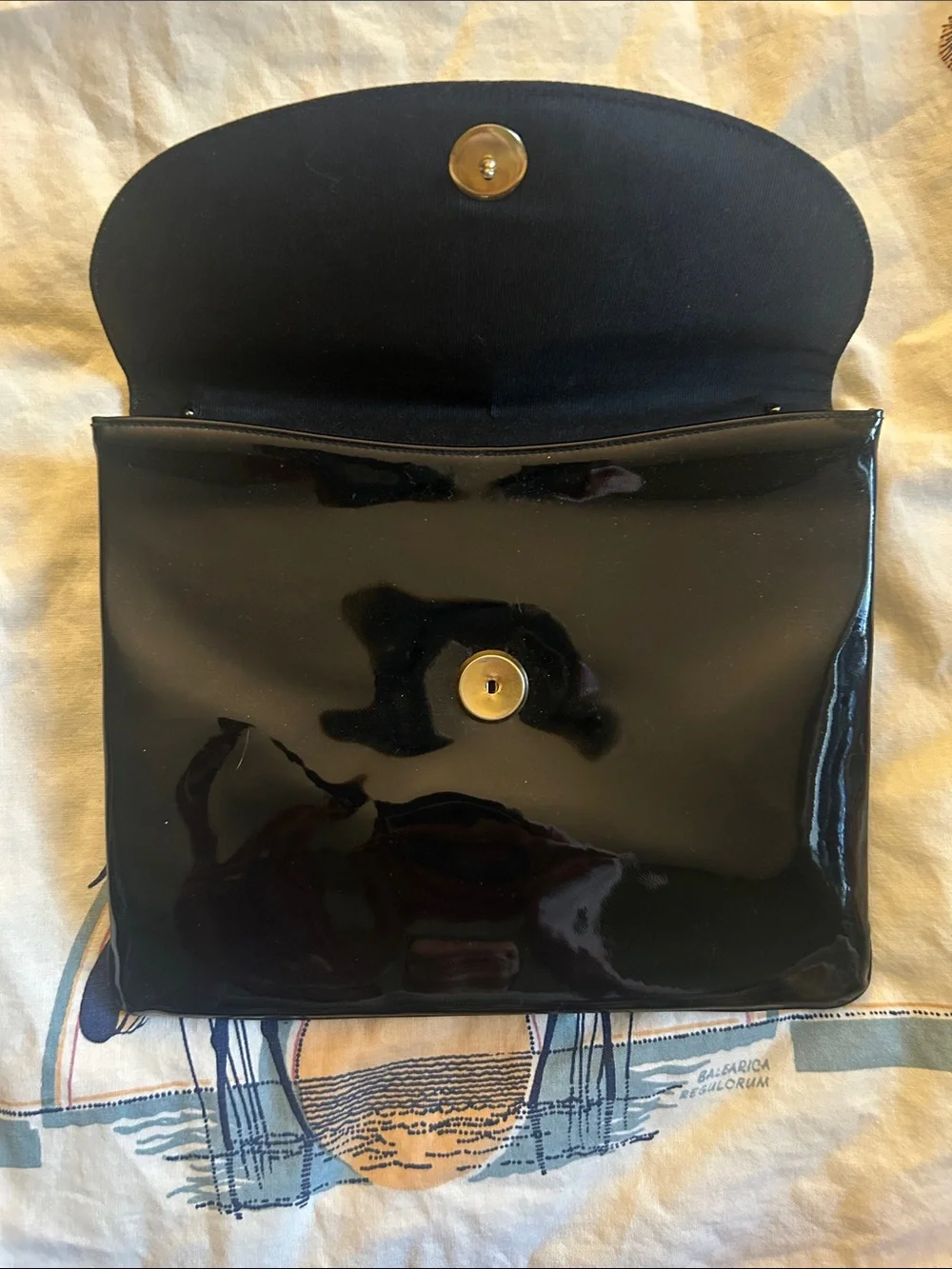 Vintage Miss Lewis Black Patent Envelope Clutch with Gold Owl Emblem